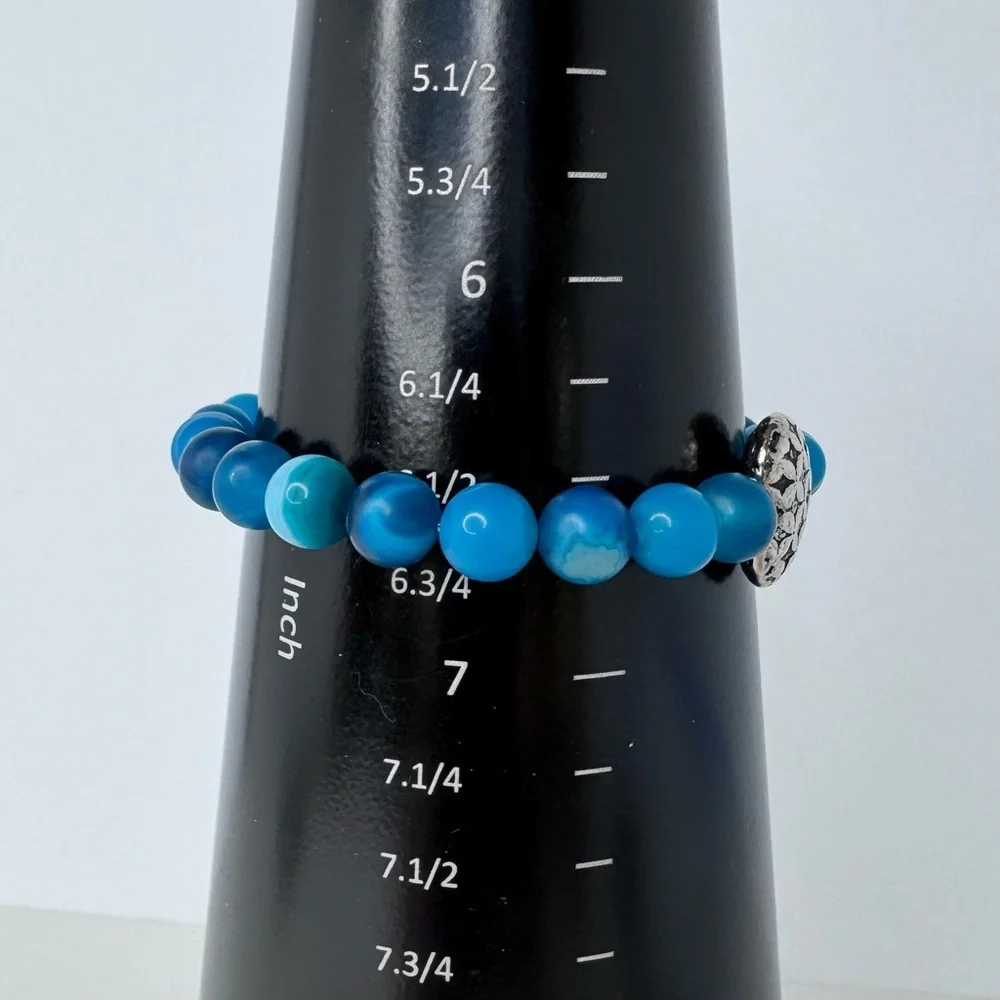 HAND CRAFTED Blue Agate Stretch Bracelet 6.5” Beaded Gemstone Silver Heart NWT